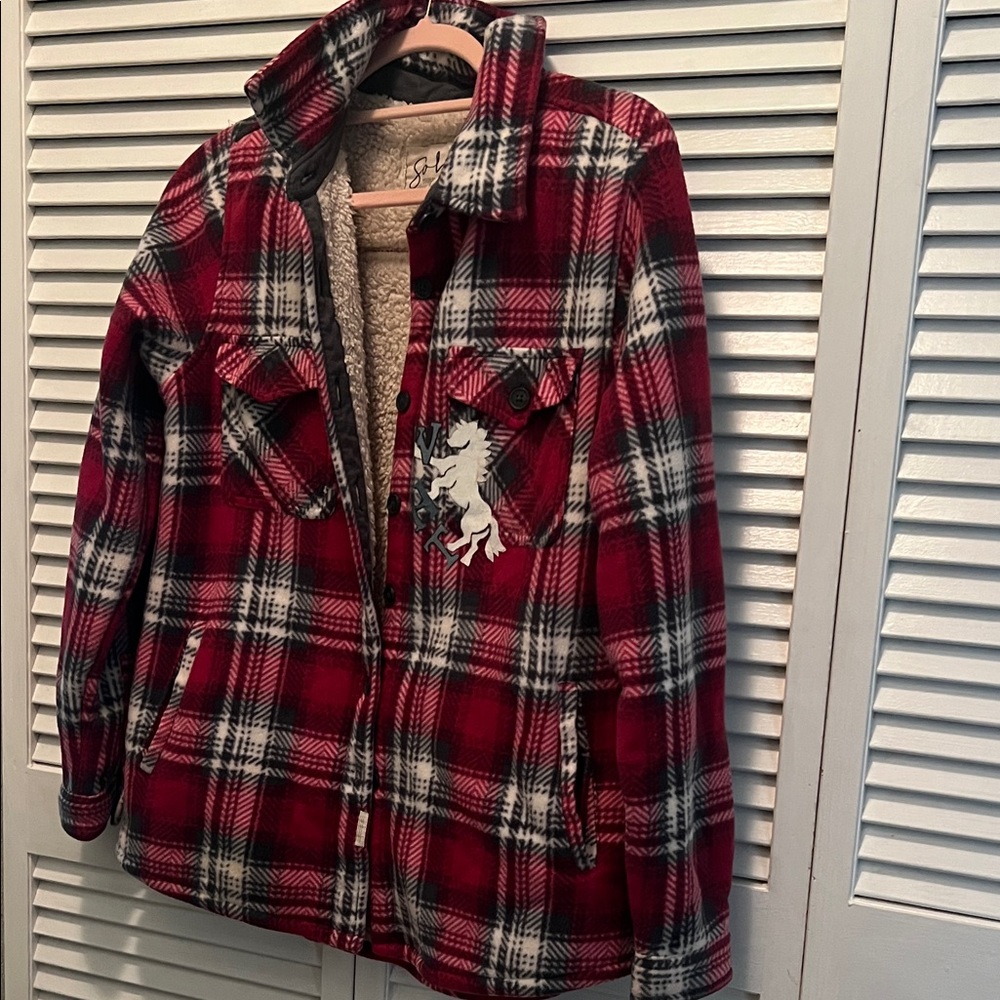 # *045= Unisex Red Plaid Jacket with WHT Horse Patch